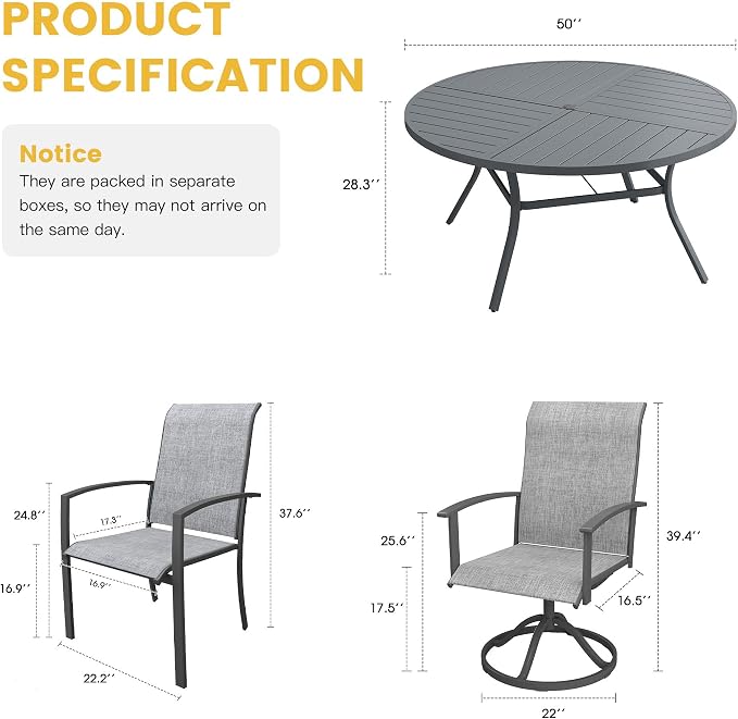 VICLLAX 7 Pieces Patio Dining Set for 6, 50.1" Round Outdoor Table and Chairs (4 Patio Fixed Chairs and 2 Swivel Chairs) for Deck Garden, Dark Grey