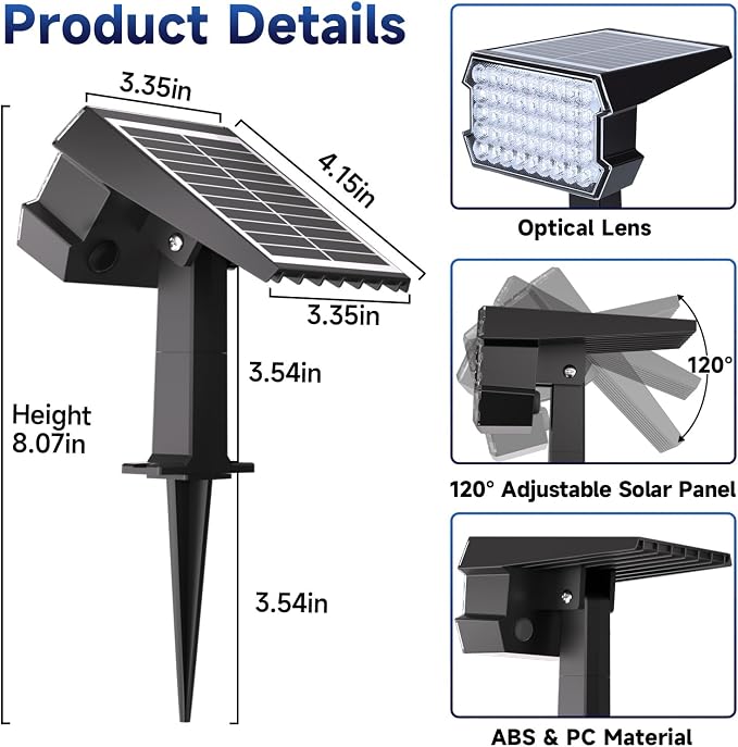 Solar Lights Outdoor Waterproof IP65, 45 LED 2 Lighting Modes Outside Solar Landscape Spotlight for Garden Yard Pathway Lawn, 2 Pack (Warm White)
