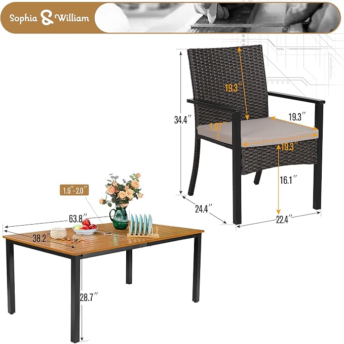 Sophia & William 7pc Patio Dining Set, Wood-Like Metal Table, Wicker Chairs | All Weather Patio Table and Chairs Set for 6, Perfect for backyard, deck, porch