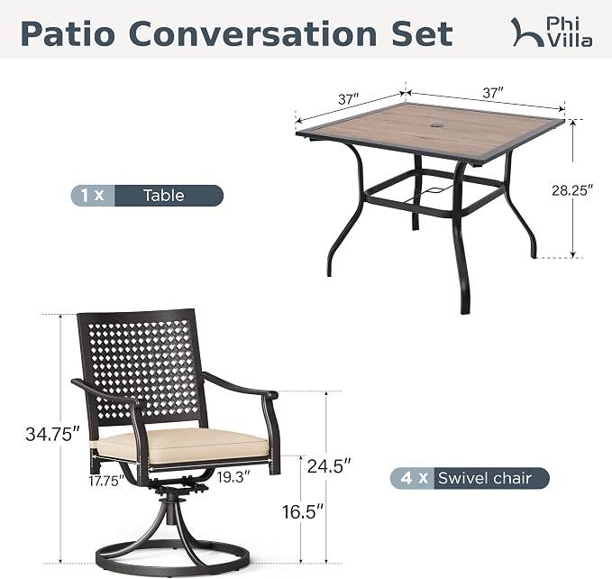 PHI VILLA Outdoor Dining Set for 4, 37" Metal Table & Swivel Chairs | 5 pcs black wrought iron square furniture. Polywood top table w/ umbrella hole. All weather for patio, deck, porch