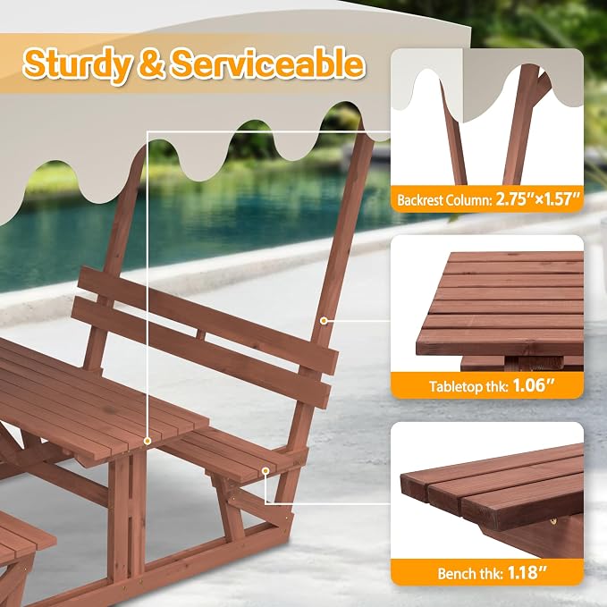 Wooden Picnic Table,Outdoor Wooden Dining Rectangle Table w/Umbrella Hole,for Patio,Garden,Backyard