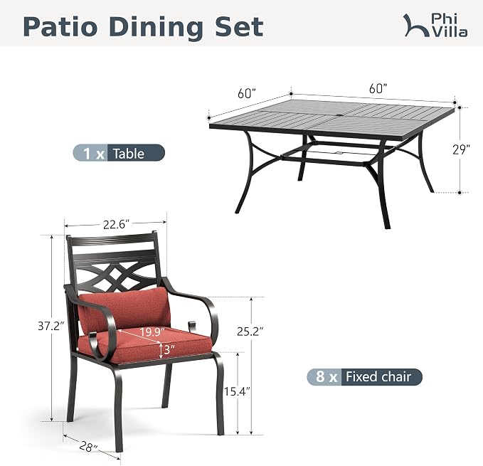 PHI VILLA 9 Piece, Outdoor Dining Set, 57.5" Square Table, Umbrella Hole | Wrought Iron, Iron Chairs, Cushions, Black & Red, Weather-Resistant