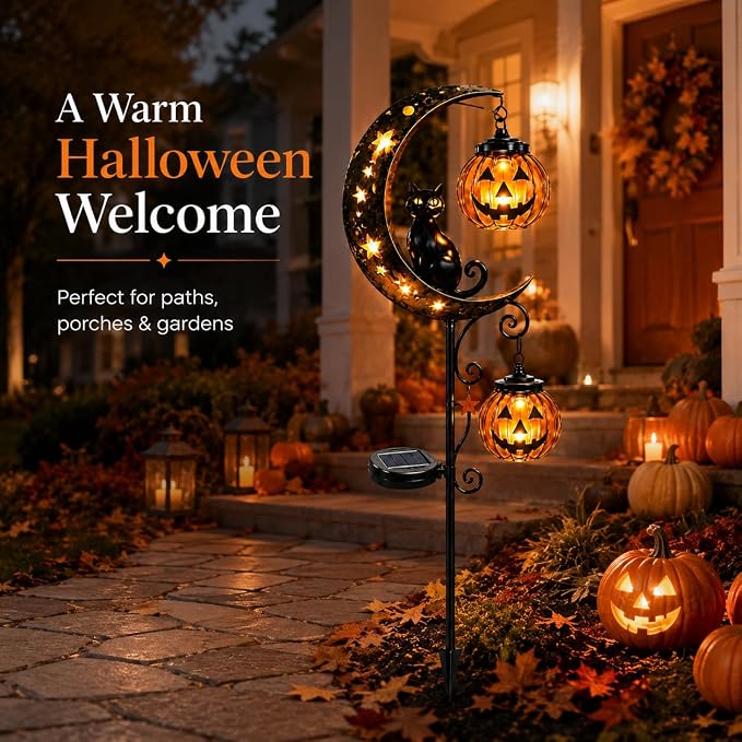 Solar Halloween Black Cat & Pumpkin Moon Garden Stake Light, Outdoor Waterproof LED Yard Decoration with Crescent Moon, Hanging Jack-o'-Lantern Lantern for Garden, Patio, Walkway, Porch (Style C C)
