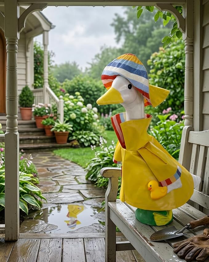 Porch Goose Outfits Raincoat with Hat & Little Duck - 23" Summer Yellow Rain Slicker Lawn Geese Clothes, Cute Porch Goose Spring Outfits for Garden Decor, Funny Gift for Mom Grandma