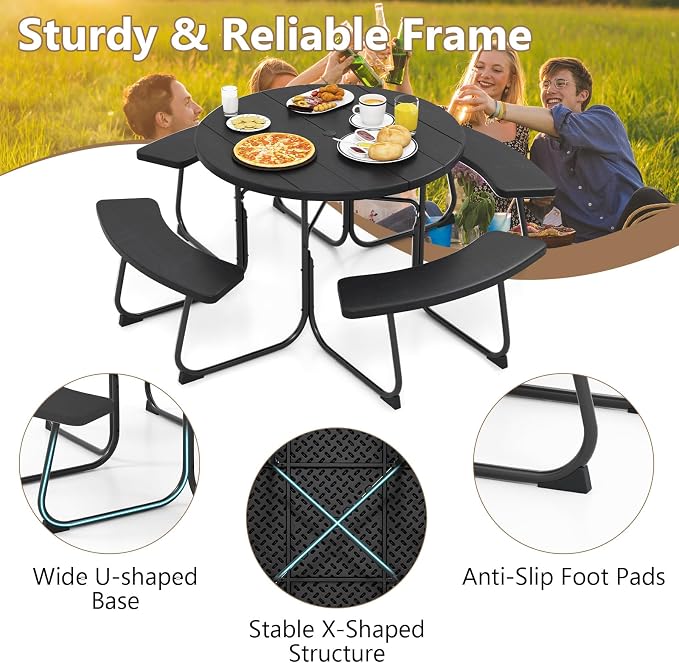 HAPPYGRILL 8-Person Picnic Table Bench Set with Umbrella Hole, 43” Outdoor Dining Table w/4 Benches, Wood-Like Texture Tabletop, Stable U-Shaped Base, Round Table for Backyards, Black