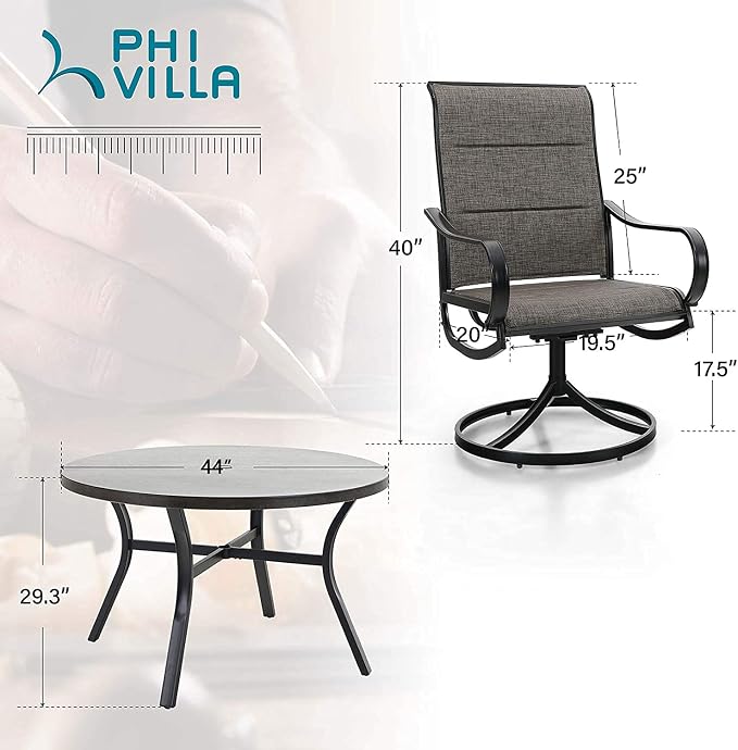 PHI VILLA 5 Piece Ourdoor Patio Dining Set, 4 Swivel Dining Padded Sling Fabric Chairs & 44" Dia Round Patio Dining Table (with 1.97" Umbrella Hole), for Garden Deck Restaurant