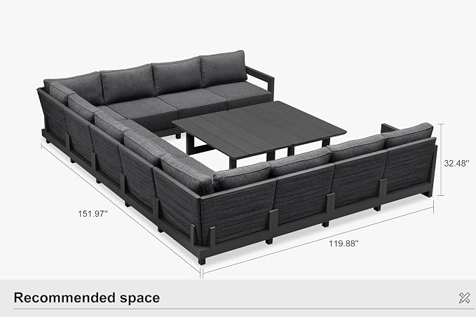 PURPLE LEAF Patio Furniture Set U-Shaped Outdoor Couch with 9.6" Thick Cushion and Soft Pillows 13 Piece Outdoor Sectional Sofas with Table Modern Outdoor Conversation Sets for Yard Porch Deck, Grey