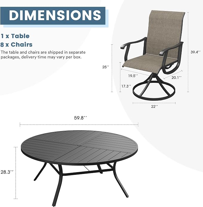 DIFY Patio Table and Chairs Set for 8, 9 Piece Outdoor Dining Set Includes 59.8" Black Round Metal Dining Table with Umbrella Hole and 8 Brown Textilene Swivel Patio Chairs, for Garden Backyard Deck