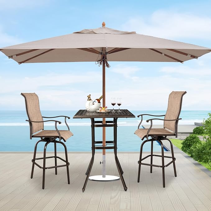 VINGLI Outdoor Bar Table, Sqaure Bar Height Patio Table with Umbrella Hole, Cast Aluminum Tall Outdoor Table Bistro Table Outdoor Furniture Garden Table