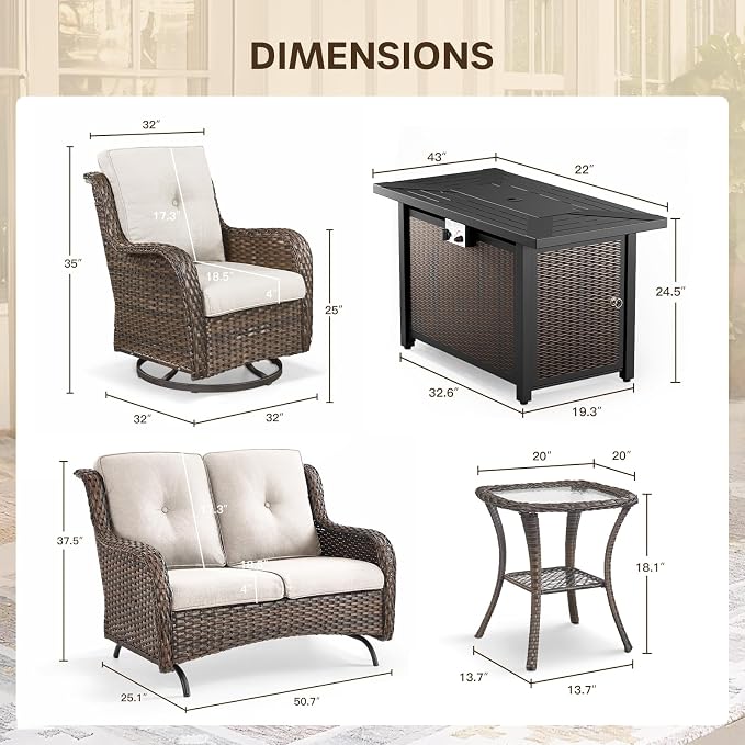 Patio Loveseat Glider Set, Resin Wicker Loveseat Glider with 4 Swivel Patio Chiars Rectangular Firepit Table, 7 Piece Patio Conversation Loveseat Set, Brown Wicker|Beige Cushions