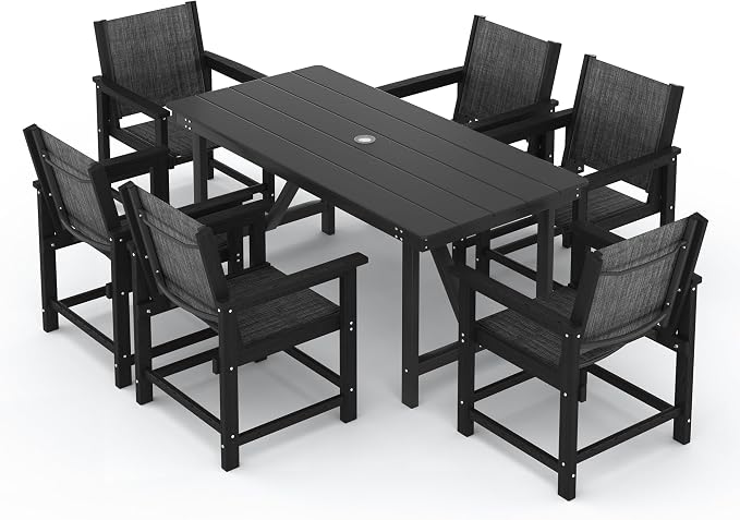 7 Pieces Outdoor Dining Sets HDPE Patio Dining Table and Chair Set for 6 | with Umbrella Hole;