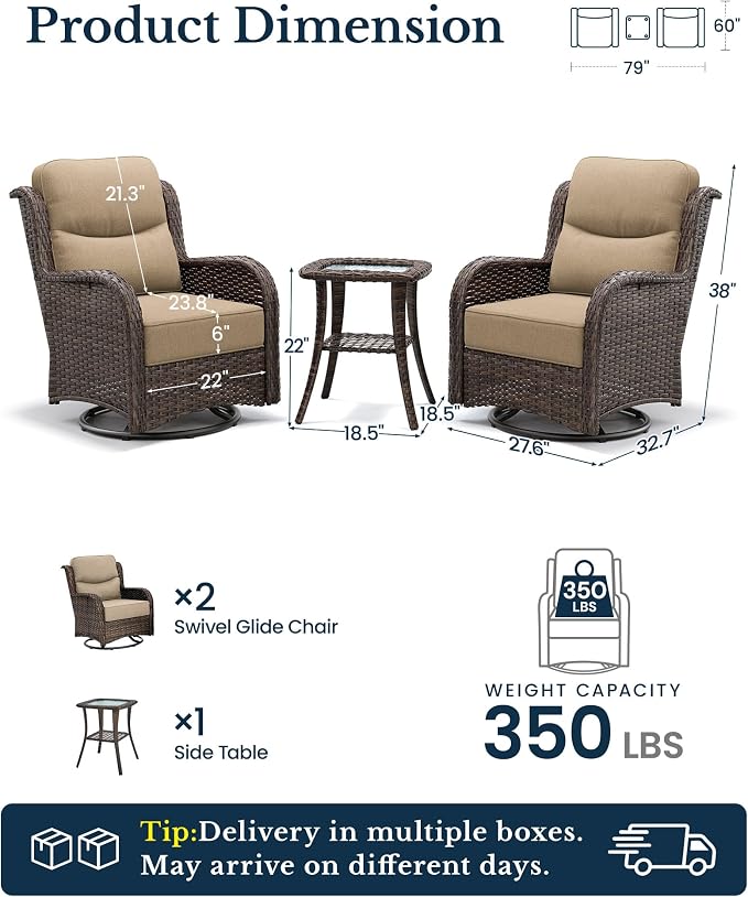 HILLGA Luxury Outdoor Patio Furniture Set with 6-Inch Thick Cushions, High Back Wicker Swivel Rocker Chairs, 3 Pcs All Weather Chairs Set for Small Porch, Deck and Sunroom, Beige (V3)