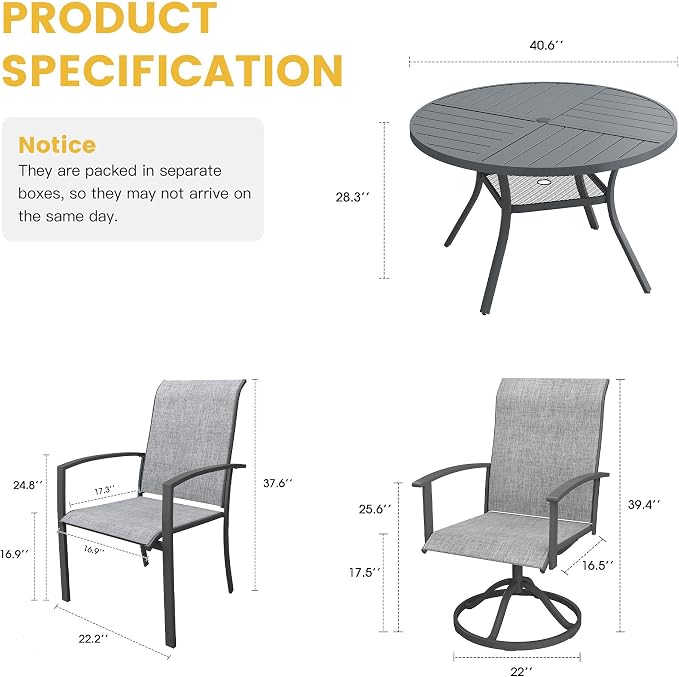 VICLLAX 5 Pieces Patio Dining Set for 4, 40.7" Round Outdoor Table and Chairs (2 Fixed Chairs and 2 Swivel Chairs) for Deck Garden, Dark Grey
