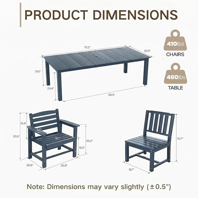 Kingdura 5 Piece Patio Dining Set for 4, 75.2'' HDPE Outdoor Dining Table Set with 2" Umbrella Hole, Weather-Resistant Outdoor Furniture, Table and Chairs Set for Backyard Pool Garden, Blue