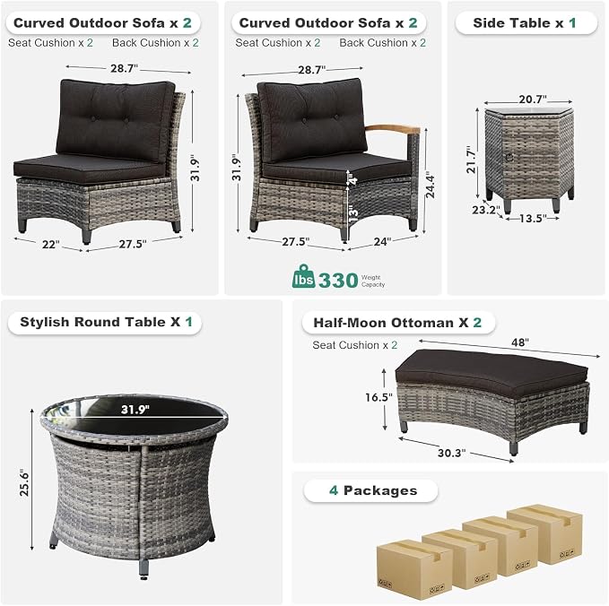 MEISSALIVVE 8-Piece Half-Moon Curved Outdoor Patio Furniture Set, Sectional Conversation Sofa with 2 Half-Moon Ottomans, Round Coffee Table for Backyard Deck Garden, Black