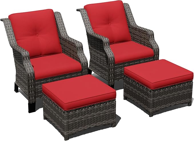 Outdoor Patio Furniture Set, 4 Piece Wicker Patio Furniture with Thick Cushions, Curved Armrest, Deep Seating, Rattan Outdoor Chairs for Porch, Deck, Balcony