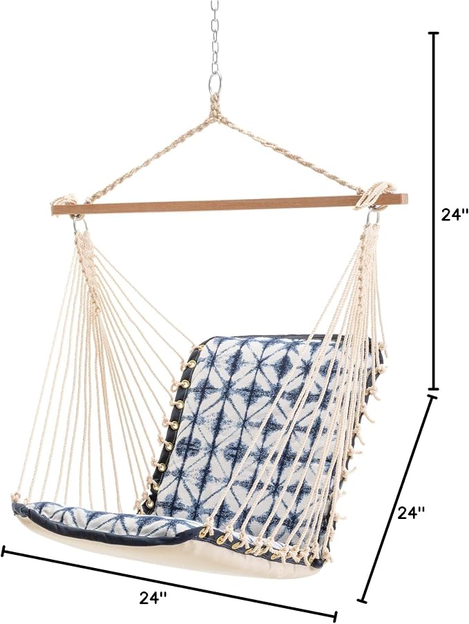 Nags Head Hammocks Midori Indigo Sunbrella Cushioned Single Swing – 24 in. x 24 in., 350 lb Capacity, Cumaru Spreader Bar, Handcrafted in The USA