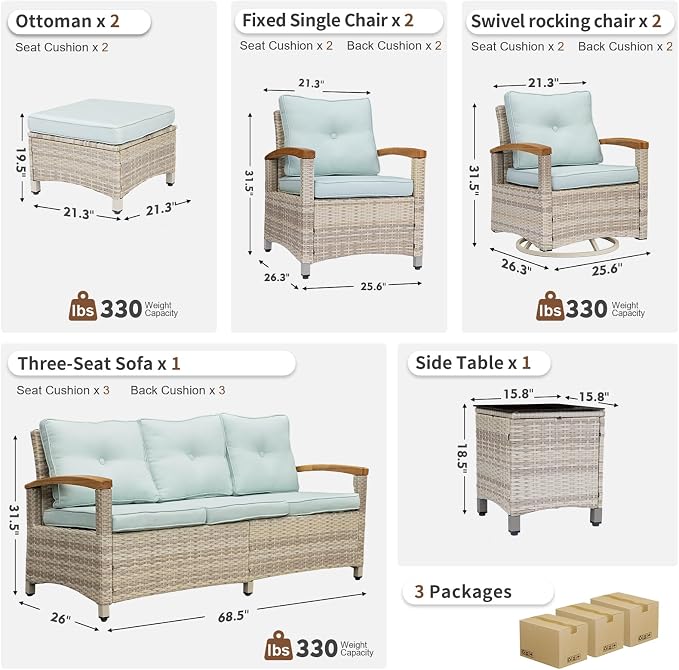 MEISSALIVVE 8 Pieces Outdoor Patio Furniture Sets, Wicker Patio Conversation Sets with 2 Wood Armrests Swivel Glide Chairs,2 Single Chairs, 3-seat Sofa (Blue)