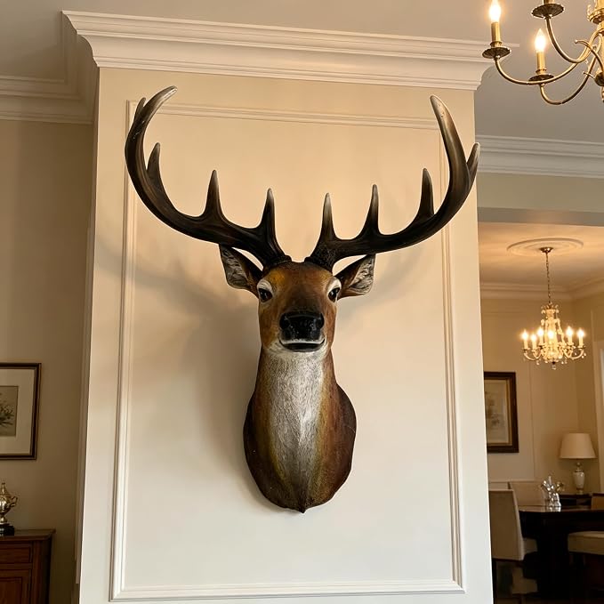Deer Head Wall Decor, 19 Inch Large Stag Buck Horns | Faux Taxidermy, 3D Resin, Lifelike Wildlife Statue, For Living Room Cabin Hunting Lodge Man Cave