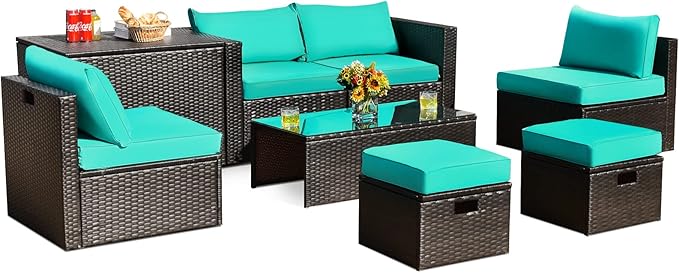COSTWAY 8-Piece Outdoor Patio Furniture Set, Rattan Sectional Sofa, Armless Chairs, Side Table with Storage Ottoman & Glass Coffee Table, Space-Saving Conversation Set for Garden Deck (Turquoise)