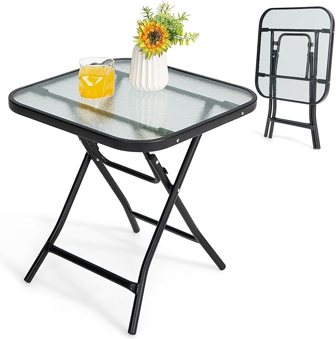 HAPPYGRILL 18” Folding Square Glass Side Table, Portable Patio Bistro Coffee Table with Tempered Glass Tabletop, Solid Steel Structure, Ideal for Poolside Backyard Living Room