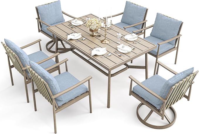 HAPPATIO 7-Piece Outdoor Dining Set for 6, Aluminum Patio Dining Set Includes 4 Dining Chairs, 2 Swivel Dining Chairs, and 1 Large Rectangular Table with Umbrella Hole, for Lawn Porch Yard, Brown