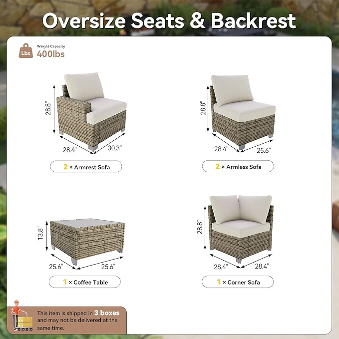 LET'S PATIO Luxury Patio Furniture Set, 6 Piece Outdoor Furniture Set, All-Weather Patio Sectional Sofas with Thickened Cushions, Beige