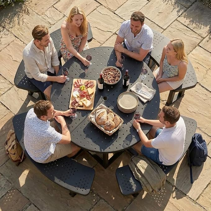 Heavy Duty 38" Round Q235 Steel Picnic Table, Black Metal Outdoor Table with Umbrella Hole, Industrial Patio Picnic Table for 8 People, Backyard & Park