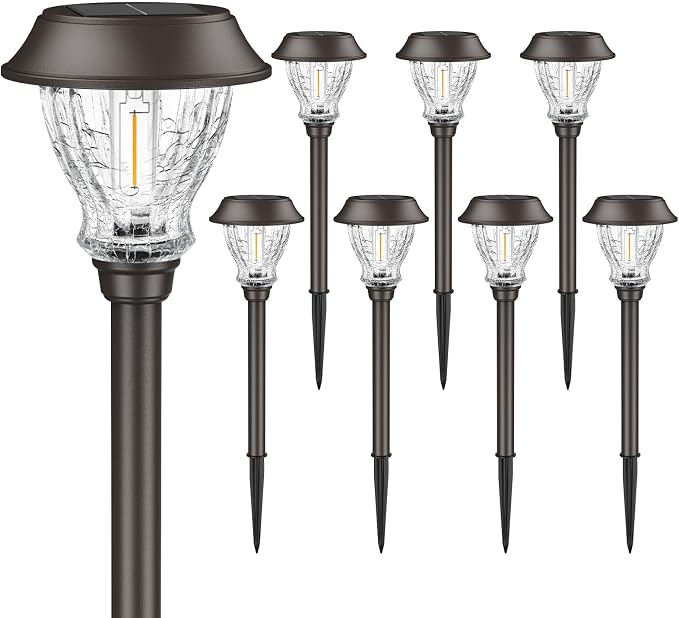 XMCOSY+ Solar Pathway Lights Outdoor, Warm White Landscape Lighting, 8 Pack | Crackled Glass Metal Garden Lights, IP65 Waterproof, Soft 2700K LED, Auto On/Off Landscape Lights for Path, Yard, Walkway