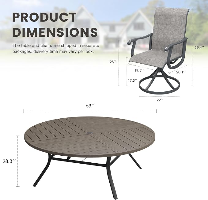 Outdoor Dining Set for 8, 63.1" Metal Round Outdoor Dining Table with Umbrella Hole and Sling Patio Swivel Chairs, 9 Pieces Patio Table and Chairs Set for Garden Backyard, Grey