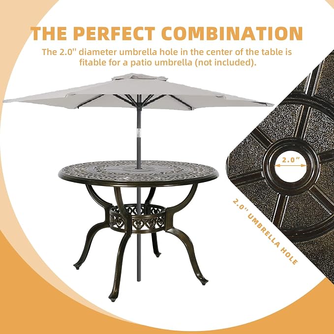 5 Piece Patio Dining Set, Outdoor Table and Chairs Set for 4 Cushioned Swivel Rocking Chairs and 38.5'' Round Table, All-Weather Cast Aluminum Patio Funiture Set, 2'' Umbrella Hole, Red