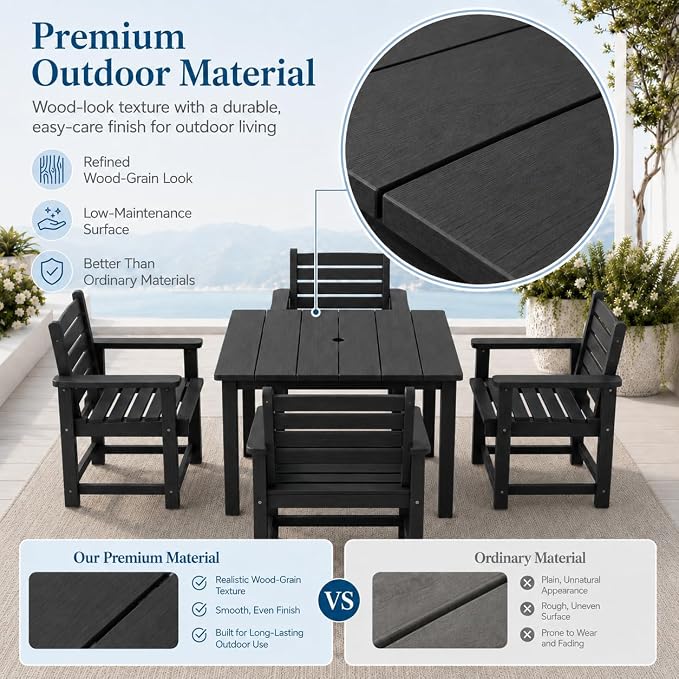 HDPE Outdoor Dining Set for 6, Modular Tables & 6 Armchairs | • Expandable 2-Table Combo • Dual 2" Umbrella Openings • 410 lbs High Weight Limit • All-Weather Polywood