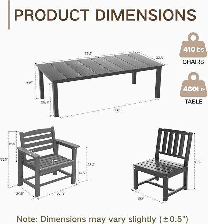 Kingdura 5 Piece Patio Dining Set for 4, 75.2'' HDPE Outdoor Dining Table Set with 2" Umbrella Hole, Weather-Resistant Outdoor Furniture, Table and Chairs Set for Backyard Pool Garden, Grey