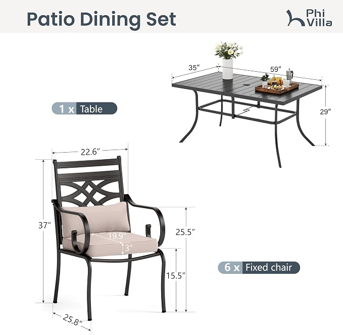 PHI VILLA 7 Piece Patio Dining Set, Rectangular Steel Table | Metal chairs, Beige Cushion, Cushions, E-coated