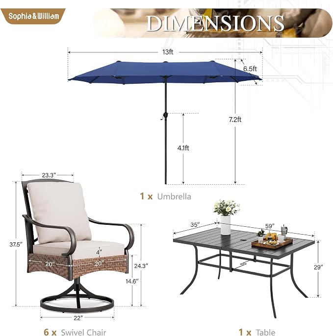 Sophia & William Patio Table and Chairs Set with Umbrella 8 Piece Outdoor Dining Set for 6 with 13ft Double-Sided Patio Navy Umbrella, 6 x Swivel Patio Chairs, 1 Metal Table for Lawn Garden