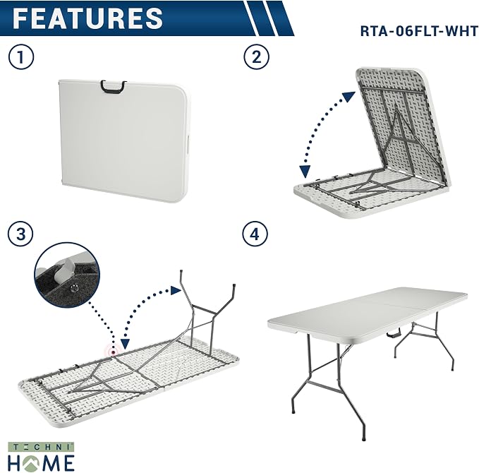 6 FT Granite White Folding Table with Easy- Carry Handle – Premium 6 Foot Folding Table Ideal for Camping, Picnic, Party or Home Use