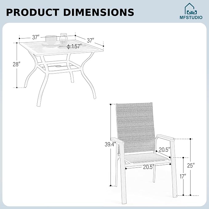 MFSTUDIO 5 PCS Patio Dining Set with 4 Stacking Aluminum Armchair(Blue) and 1 Square Heavy Duty Table