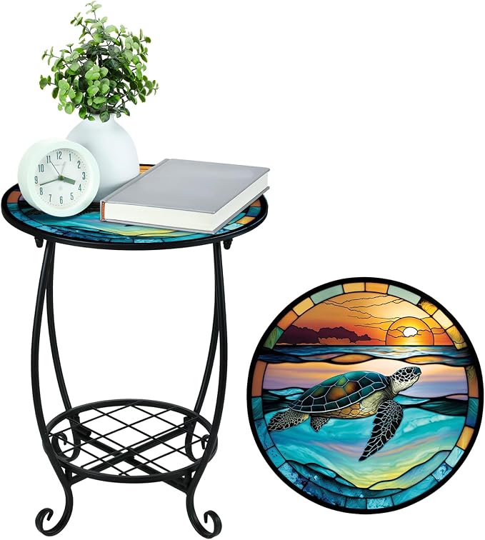 Cinnvoice Outdoor Side Table Round Small Mosaic Patio Accent Indoor End Plant Coffee Tea Table for Yard Patio Porch Garden Living Room, Bedroom(Turtle Style,16 Inch)