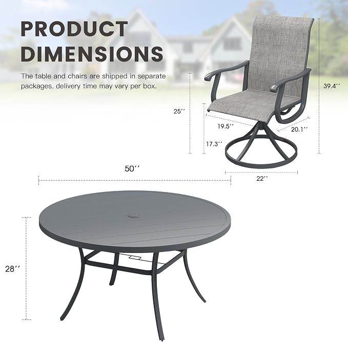Outdoor Dining Set for 6, 50" Metal Round Outdoor Dining Table with Umbrella Hole and Sling Patio Swivel Chairs, 7 Pieces Patio Table and Chairs Set for Garden Backyard, Grey and Dark Grey