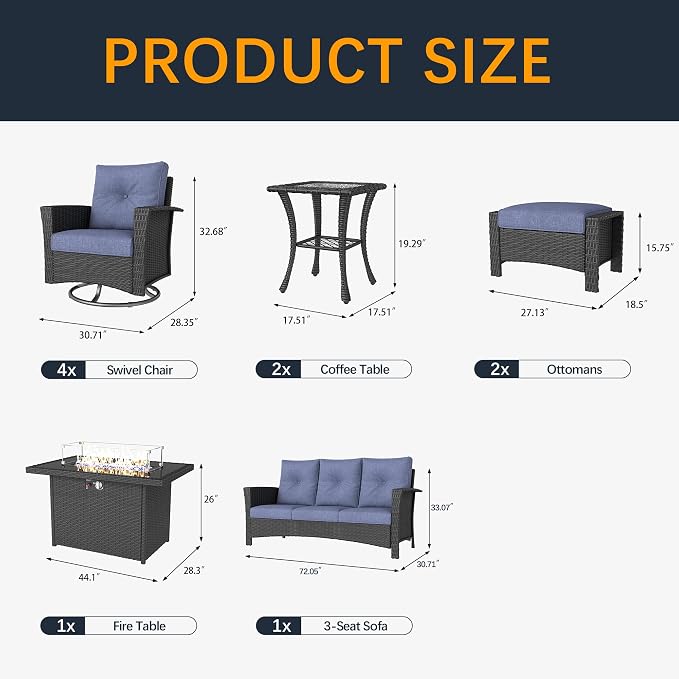 10 Pieces Outdoor Patio Furniture Set with Fire Pit Table, Wicker Patio Sectional Set Conversation Wicker Swivel Chairs with Small Side Table