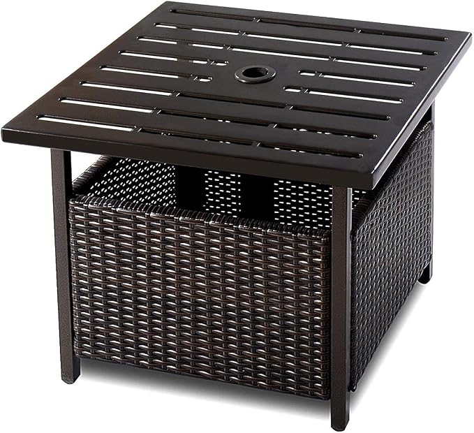 SPSUPE Brown Patio Rattan Umbrella Side Table, Steel Outdoor Furniture with Umbrella Hole, Deck Garden Pool Umbrella Side Table
