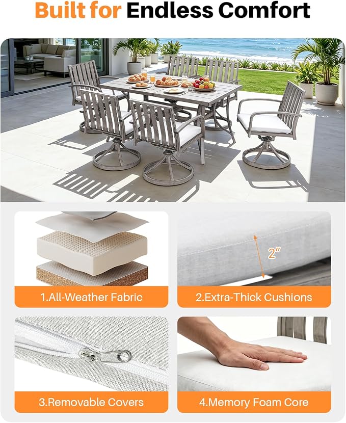 Never Rusts Aluminum Patio Dining Chairs Set of 2, 360°Swivel Outdoor Dining Chairs with Washable Cushions, Deep Seating Swivel Chairs Patio Furniture Set for Deck, Balcony, Garden, Poolside