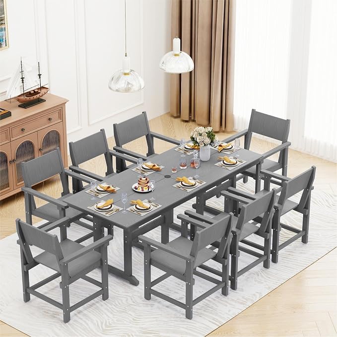 9-Piece HDPE Outdoor Patio Dining Set,Outdoor Table and Chairs,Modern Plastic Dining Sets with Umbrella Hole Cut-Out Table and 8 Chairs Gray
