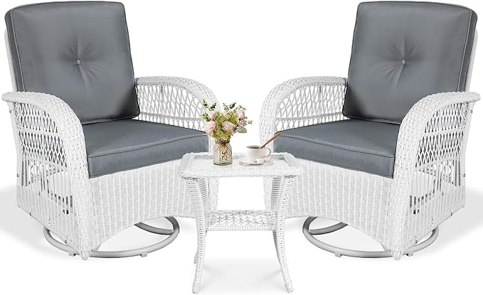VIVIJASON 3 Piece Patio Wicker Swivel Rocker Bistro Set, Outdoor Swivel Rocking Chairs Set of 2 with Glass-Top Side Table, Patio Rattan Furniture Set for Deck Porch Backyard, White/Grey