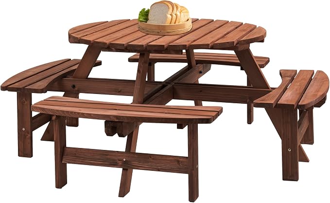 SSLine 8-Person Solid Wood Picnic Table Outdoor Round Picnic Table and Bench Set with Umbrella Hole Outside Wooden Table and Chairs Set for Patio Backyard Garden Lawn (Dark Brown)