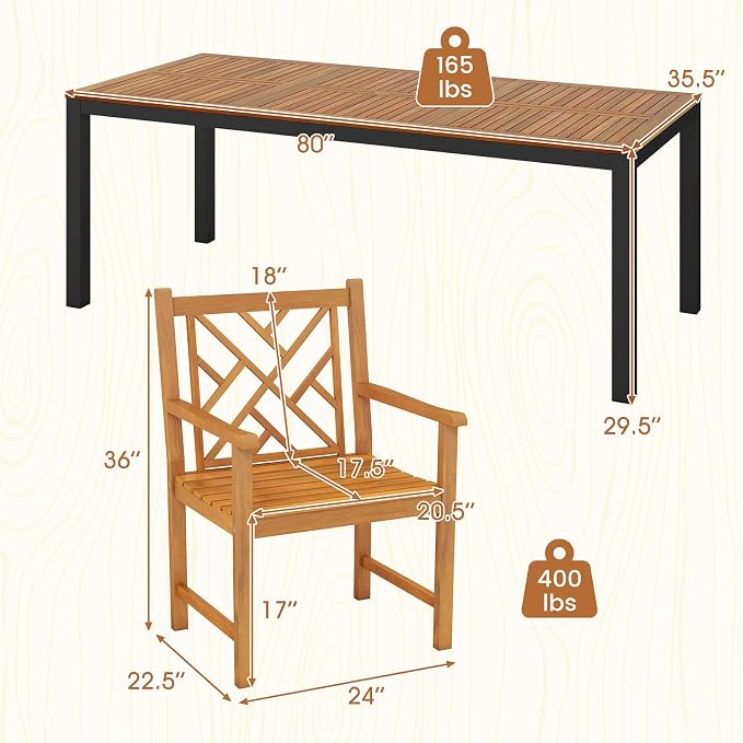 Tangkula 9 Piece Outdoor Dining Set, Outdoor Rectangular Patio Table with Umbrella Hole & Heavy-Duty Metal Frame and 8 Acacia Wood Armchairs, for Porch, Garden, Backyard, Balcony