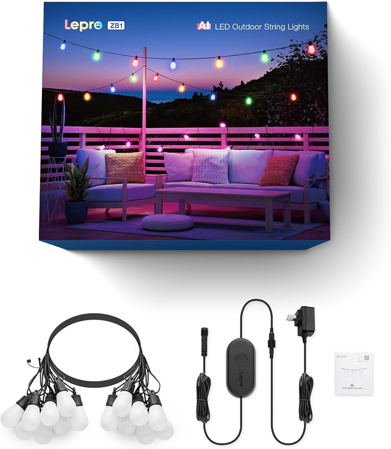 Lepro ZB1 AI Smart Outdoor String Lights, 54(42+12) ft RGB+IC+Warm White Outside Light with 15 Plastic LED Bulbs, Music Sync, Alexa Google Enable, 2.4 GHz WiFi+Bluetooth (APP Control, No Remote)