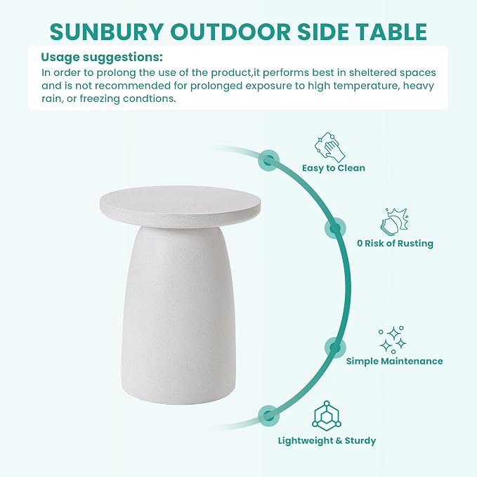SUNBURY Outdoor Side Table, 22" H Concrete End Table Pebble Shaped, Lightweight Round Accent Table, Decorative Coffee Table, Garden Planter Stand for Patio, Porch, Living Room Decor, Spotted White