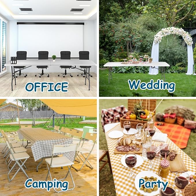 VTOY 8FT(30" x 96") Folding Table, Indoor Outdoor Heavy Duty Picnic Table with Carrying Handle,Plastic Fold up Table for Picnic, Party, Camping,Office - White