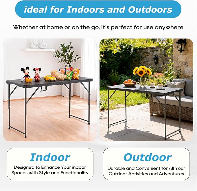 34" Folding Card Table, Heavy Duty HDPE Square Table, Fold-in-Half Portable Design with Carry Handle, Indoor Outdoor Utility Dining Table for Picnic, Camping, 330 lbs (Black, 4FT)